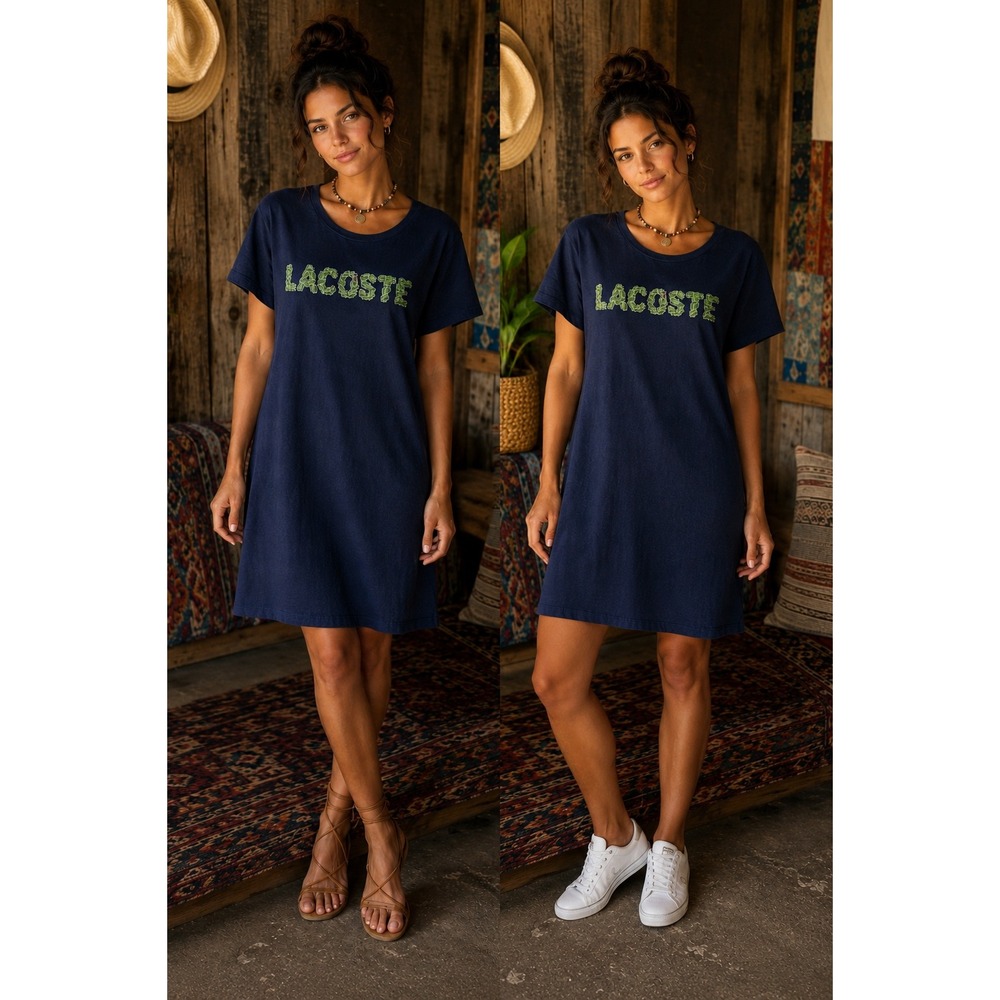 Lacoste TShirt Dress Womens 40 XL Navy Blue Embroidered Logo Short Sleeve Cotton